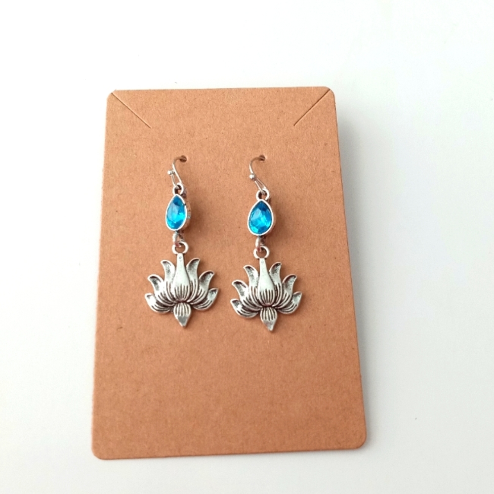 Silver Lotus Earrings with Blue Gemstone